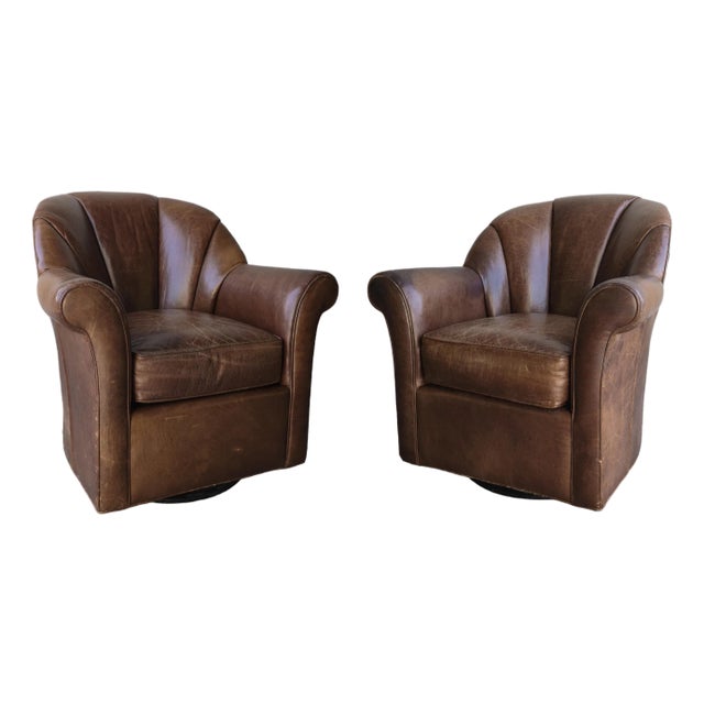 Patinated Leather Rocking Swivel Lounge Chairs For Sale