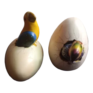 1970s Signed Lopez Chalkware Tonala Mexico Cracked Egg Figurines - Set of 2
