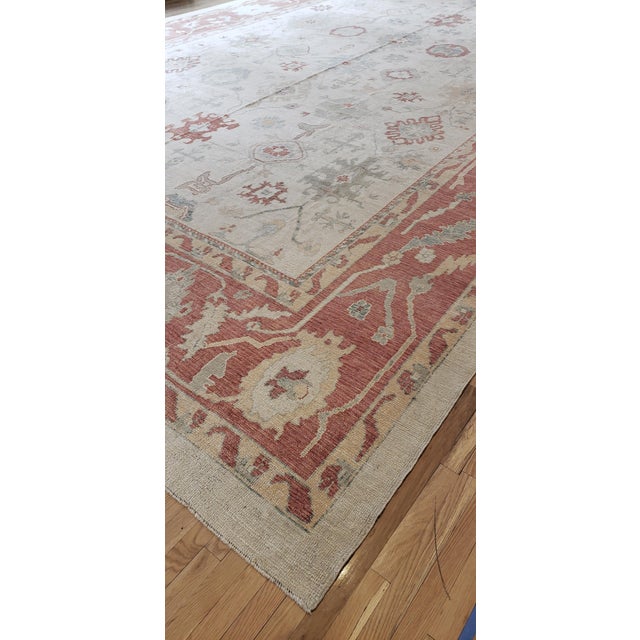 Turkish Oushak Carpet, 1950s, Handmade Oriental Rug, Beige, Taupe, Coral For Sale - Image 10 of 18