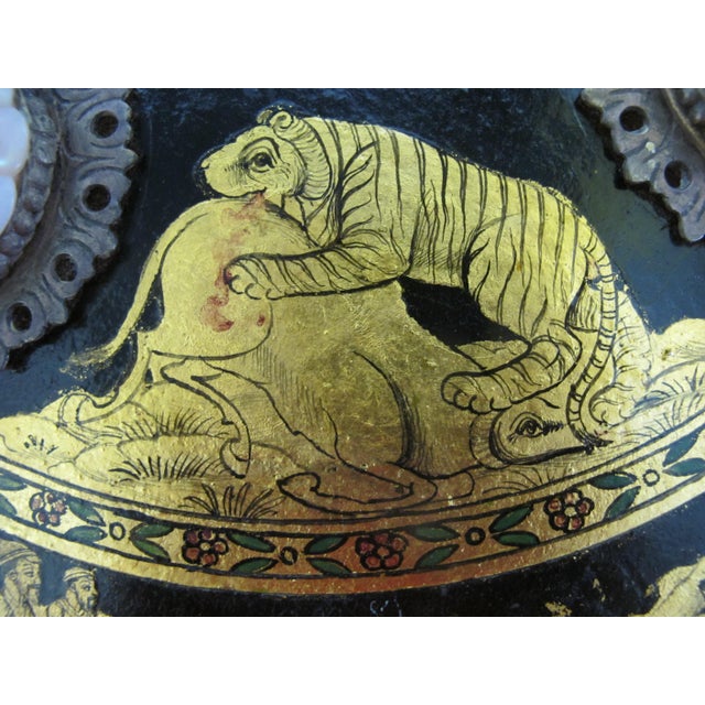 Indian Ceremonial Rajput Dhal Shield Intricate Gold Painted Hunting Scenes For Sale - Image 14 of 18