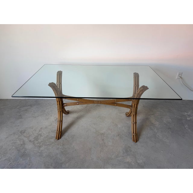 Vintage Coastal Organic McGuire - Style Rattan and Leather Dining Table With Glass Top For Sale - Image 10 of 12