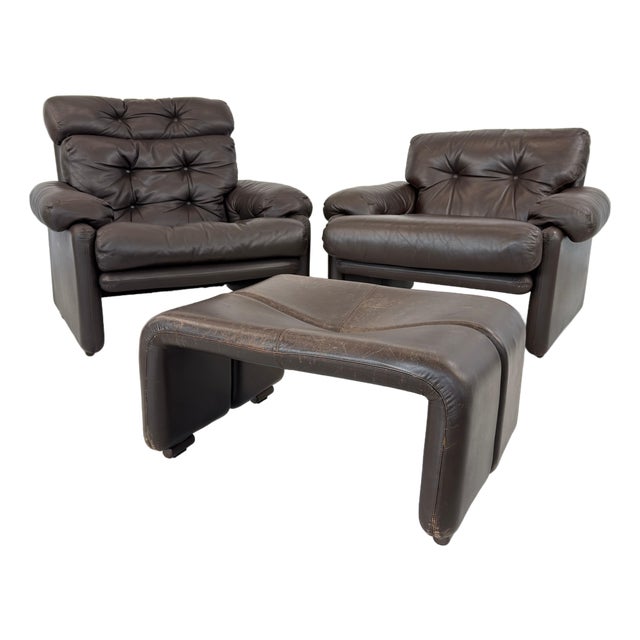 Coronado Leather Lounge Chairs With Ottoman by Afra and Tobia Scarpa For Sale