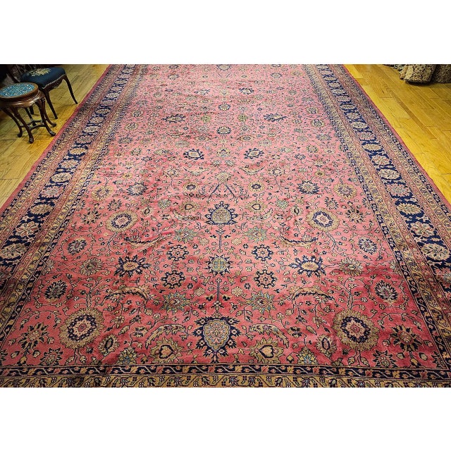 Vintage Oversize Tabriz Design Rug, Hand-Knotted Wool, Allover Geometric Pattern, Pale Red & Navy, 13x24 For Sale - Image 14 of 16