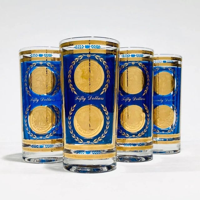 Gorgeous heavy set of six vintage Culver blue & 22k gold Roman coin highball cocktail glasses. Stunning! my FAV!