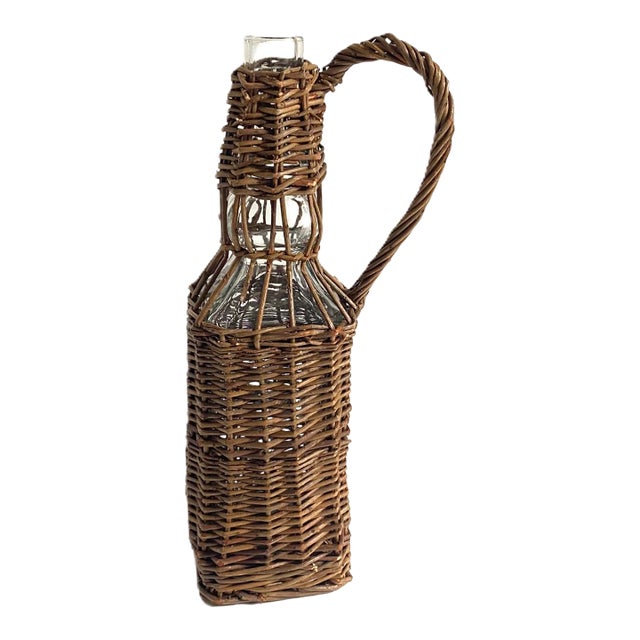 Vintage French Country Wicker-Wrapped Square Bottle For Sale
