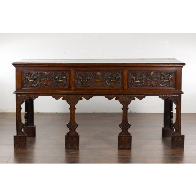 19th Century English 19th Century Oak Sideboard with Three Low-Relief Carved Drawers For Sale - Image 5 of 12