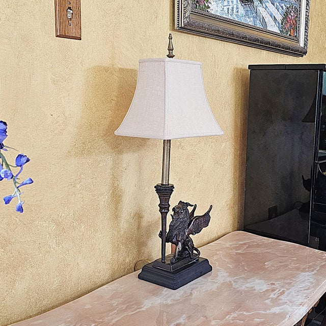 Vintage Neoclassical Bronze Winged Lion Griffin Table Lamp With Linen Shade For Sale In Washington DC - Image 6 of 18