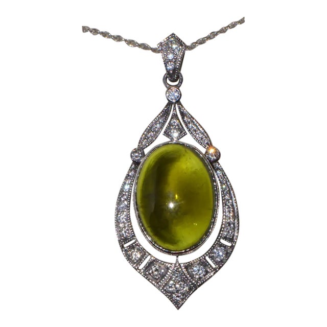 Certified Natural 28.17Cts Diamond Green Tourmaline 18K Gold Art Deco Slide Pendant Necklace For Sale