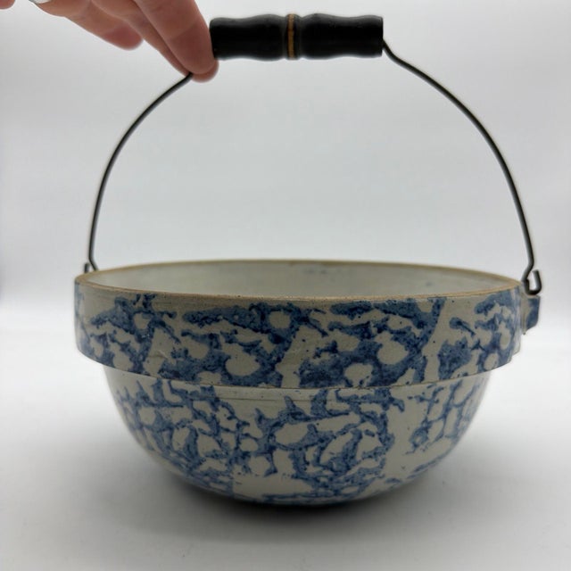 19th Century 19th C. Antique Blue Spongeware Stoneware Bowl W/ Wire Bale Wooden Handle For Sale - Image 5 of 12