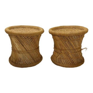 Vintage Crespi Style Woven Jute Stools or Tables With Pencil Reed Frames, a Pair For Sale