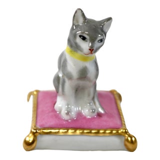 Antique French La Courtille Workshop Cat on Pink Pillow Figurine For Sale