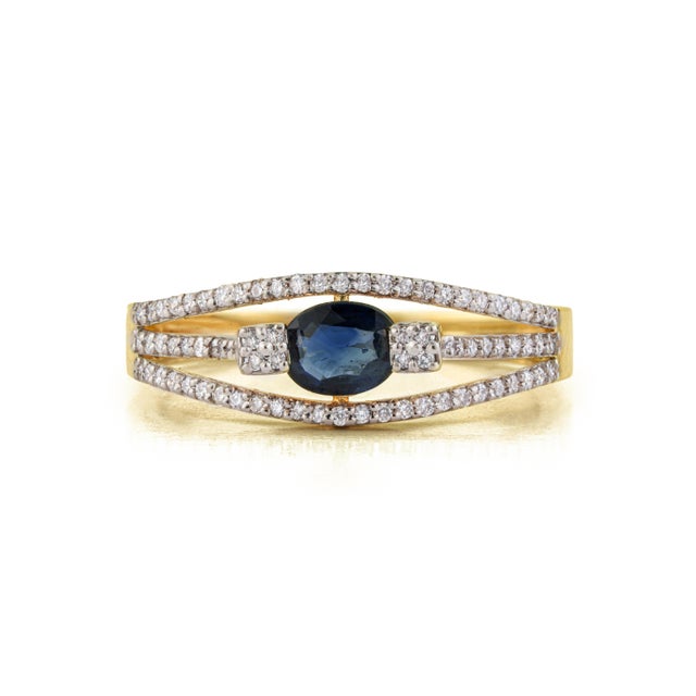 14k Yellow Gold Blue Sapphire & Diamond Split Shank Modern Ring Size 8 For Sale - Image 4 of 16