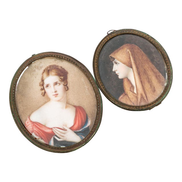 Pair of Antique Hand-Painted Miniature Portraits After Masters For Sale