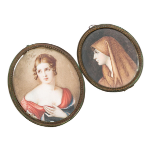 Pair of Antique Hand-Painted Miniature Portraits After Masters