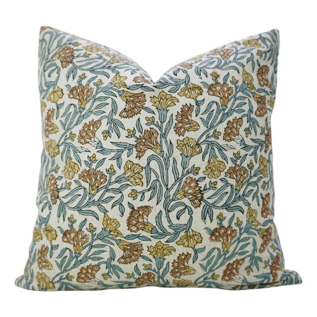 Fabdivine Handmade Block Print Throw Pillow Cover 14x14 Pure Linen Thorny Steams Cushion Cover For Sale
