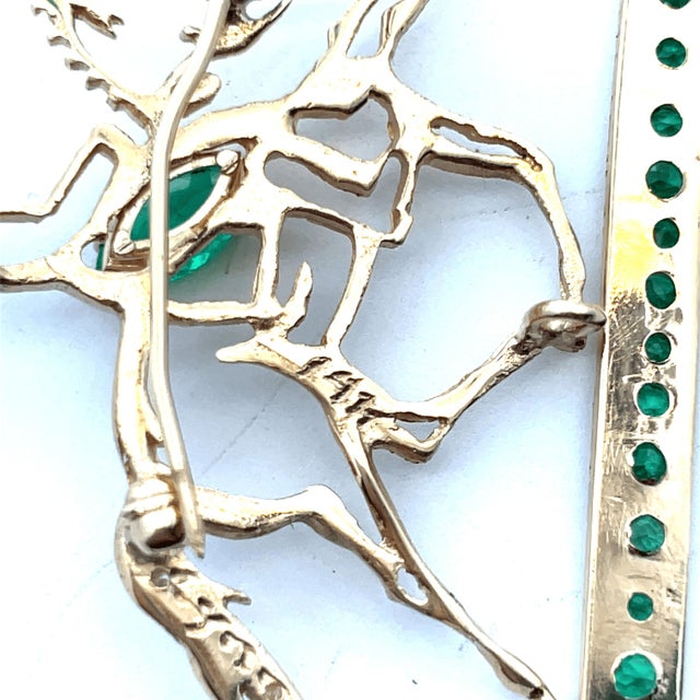 Green 14k Yellow Gold Emerald and Diamond Studded Horse Rider Brooch For Sale - Image 8 of 9
