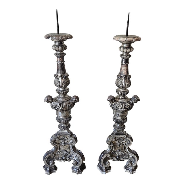 Large 19th Century Silver Leafed Italian Pricket Sticks With Angel Heads - a Pair For Sale