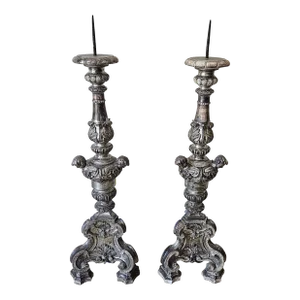 Large 19th Century Silver Leafed Italian Pricket Sticks With Angel Heads - a Pair