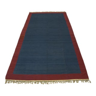Vintage Dhurrie Rug in Blue With Red Geometric Border, From Rug & Kilim For Sale