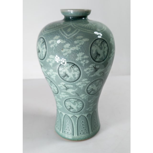 Mid 20th Century Mid-Century Asian Modern Korean Celadon Green Meiping Vase With Cranes For Sale - Image 5 of 9