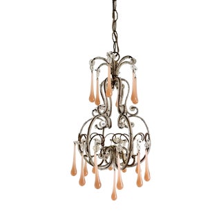 Venetian Style Beaded Brass Chandelier with Pink Murano Glass Drops, Italy, 1950s For Sale