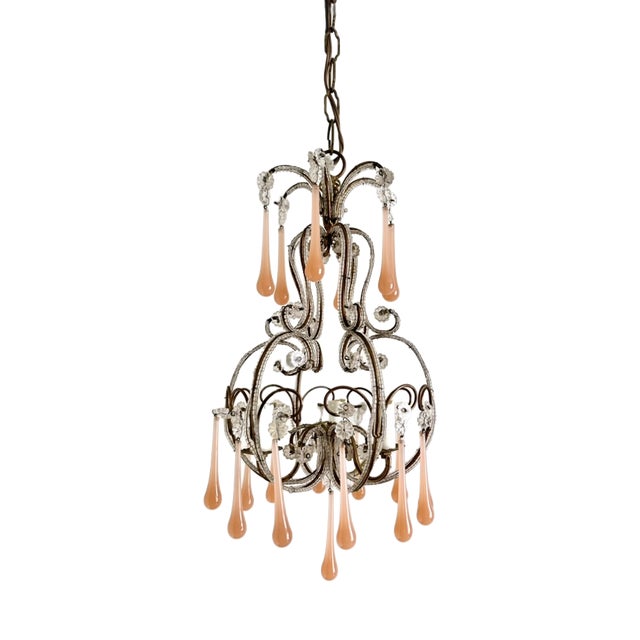 Venetian Style Beaded Brass Chandelier with Pink Murano Glass Drops, Italy, 1950s For Sale