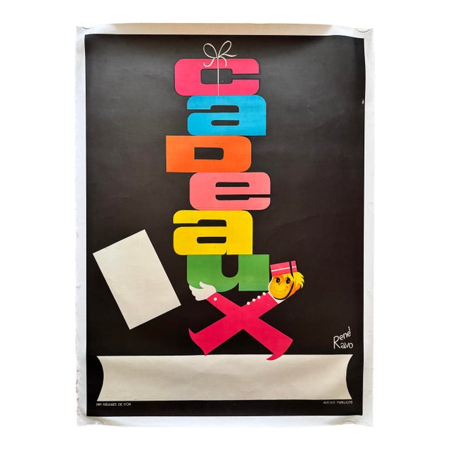 Cadeaux Rare Orig 1960s French Advertising Poster on Linen Rene Ravo Art 45x62” For Sale