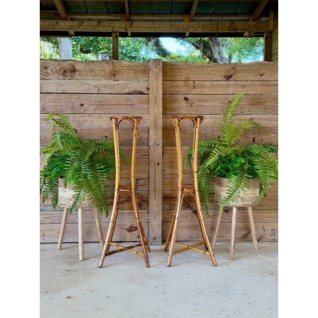Vintage Pair of Faux Bamboo and Woven Rattan Plant Stands For Sale - Image 10 of 12