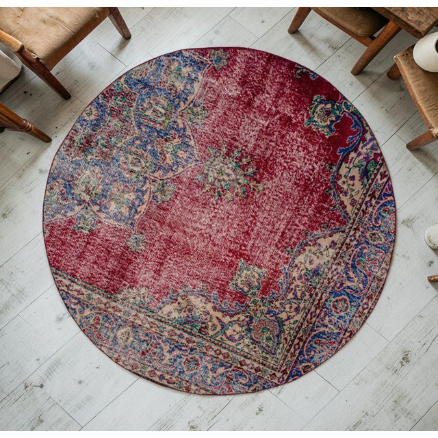 Mid-Century Modern Vintage Hand Knotted Round Turkish Rug Upcycled Wool Circle Area Rug 5'2" X 5'2" For Sale - Image 3 of 9