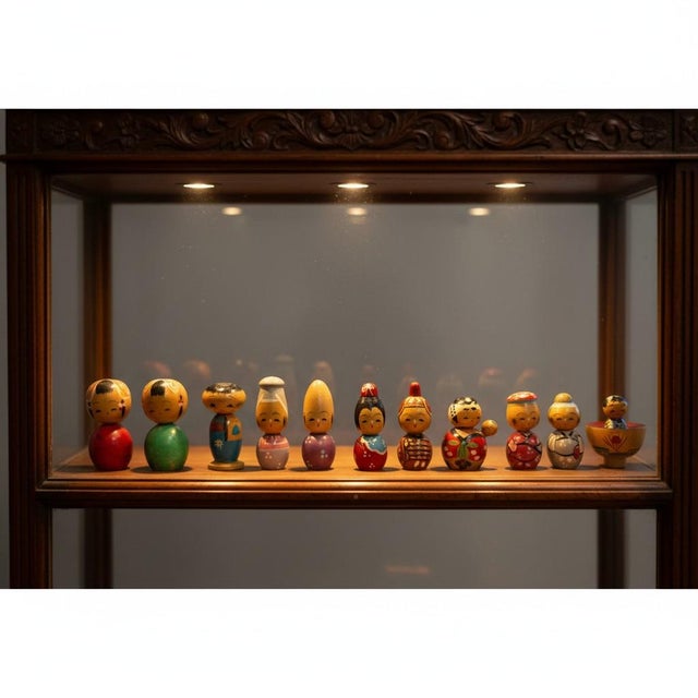 Vintage Japanese Miniature Kokeshi Dolls Set 11-Hand Painted Wood-Japan Folk Art For Sale - Image 10 of 10
