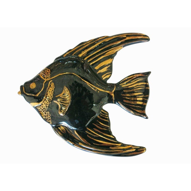 Black Mid-Century Ceramic Black & Gold Plaster Aquatic Angelfish Wall Art, Set of 4 For Sale - Image 8 of 9