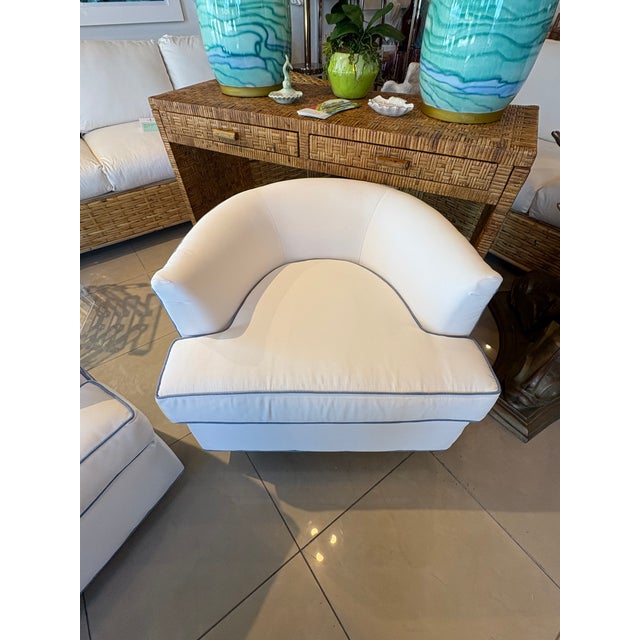 Vintage Pair Swivel Chairs Seagrass Base Blue & White Palm Beach New Upholstery For Sale In West Palm - Image 6 of 13