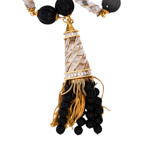 Metal Vintage 18k Gold Tassel Necklace Quartz Black Onyx Diamond - 30 Inches For Sale - Image 7 of 10