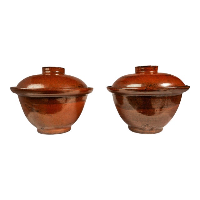 1970s Mid-Century Japanese Modern Glazed Stoneware Rice Cookers / Serving Pots - Set of Two For Sale