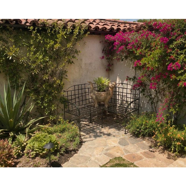Vintage Wrought Iron Corner Bench With Terracotta Cat Statue Planer For Sale - Image 12 of 12