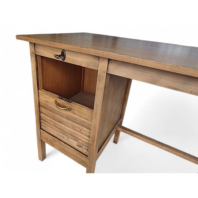 1950s Vintage Oak Rolltop Writing Desk with Tambour Door, Germany, 1950s For Sale - Image 5 of 11