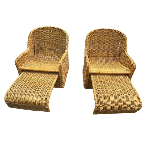 Vintage Braided Rattan Lounge Chairs With Attached Sliding Ottomans/ Foot Stools - A Pair For Sale In New York - Image 6 of 12