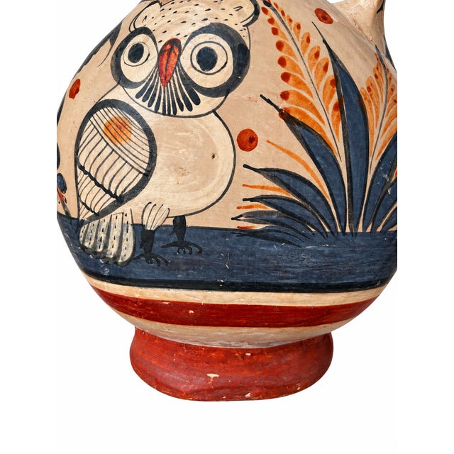 Mexican Folk Art Hand-Painted Owl and Floral Pottery Pitcher For Sale - Image 12 of 14