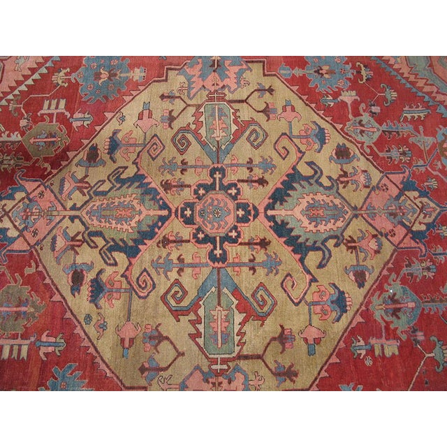Persian 1880s Red Medallion Antique Persian Serapi Rug 10" X 13'4" Handknotted Wool Carpet For Sale - Image 3 of 6
