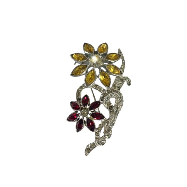 Superb Vintage Floral Pin in Silver Tone with Rhinestones in Daisies, featuring faux yellow sapphire and ruby, and a round...