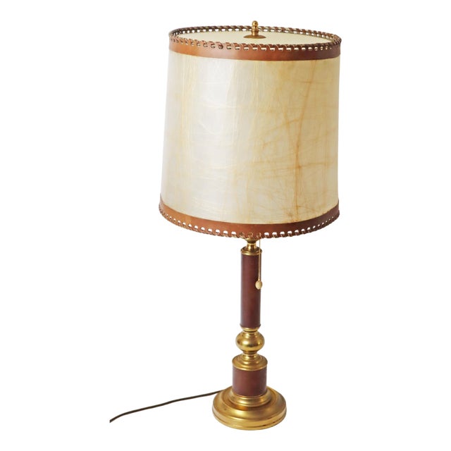 Large Hollywood Regency Leather and Brass Table Lamp, 1960s For Sale