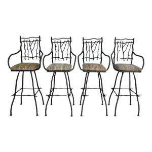 Set of 4 Faux Bois Iron Swivel Bar Stools