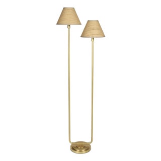 Polly Double Arm FloorLamp, Natural Brass with Rattan Shade For Sale