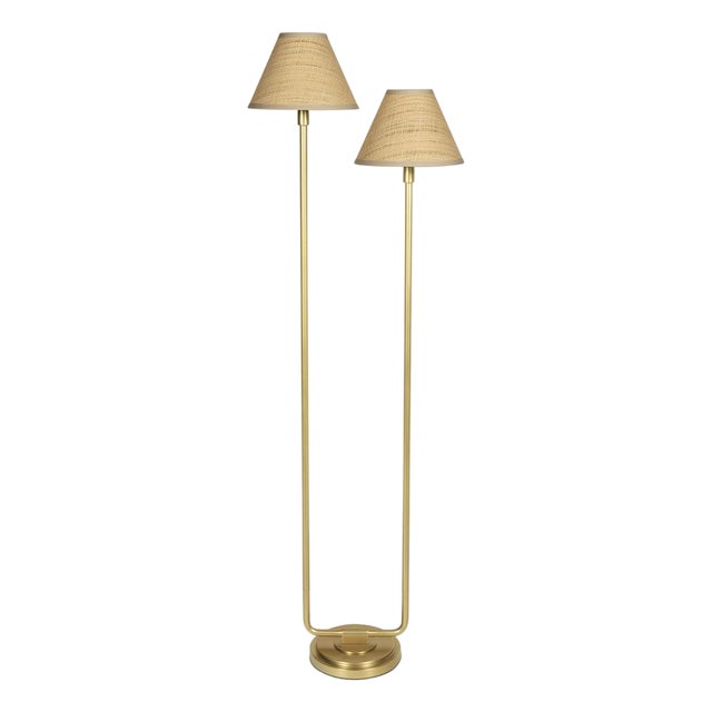 Polly Double Arm FloorLamp, Natural Brass with Rattan Shade For Sale