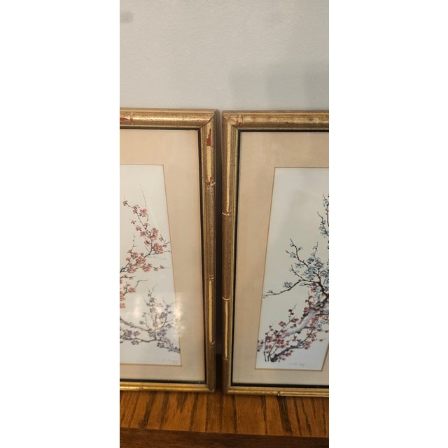 Chinoiserie Gorgeous Pair of Silk Chinese Paintings With Gilt Faux Bamboo Frames For Sale - Image 3 of 10