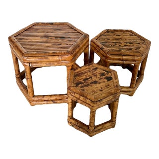 Vintage Hexagonal Scorched / Tortoise Bamboo Plant Stands, Set of 3 (Three) For Sale