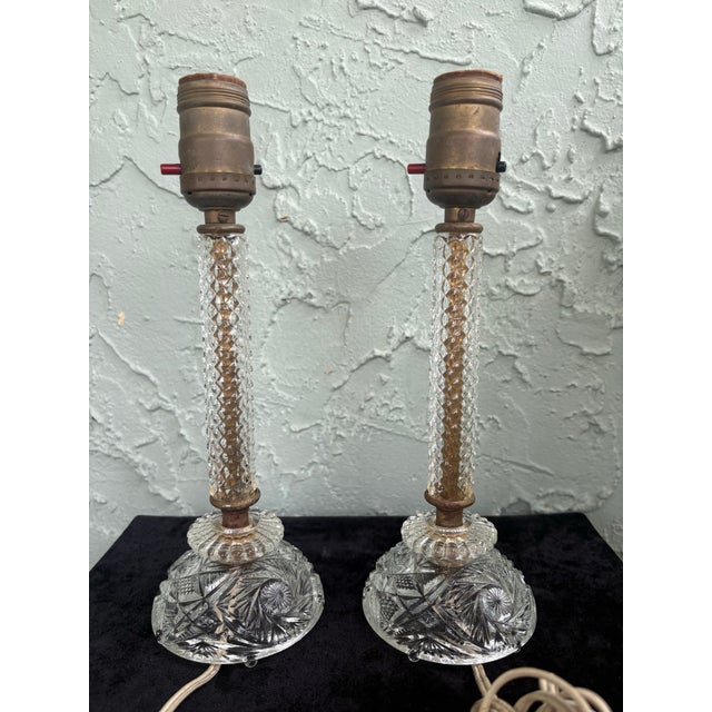 Metal Vintage Cut Crystal Boudoir Table Lamps – Pair With Diamond Point Columns & Eagle Sockets For Sale - Image 7 of 11