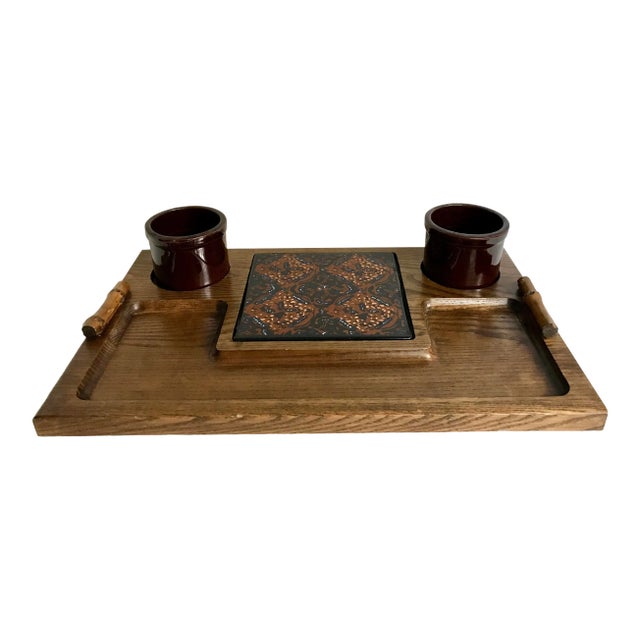 Vintage Tile and Wood Serving Tray With Ceramic Bowls - 3 Pc. Set For Sale