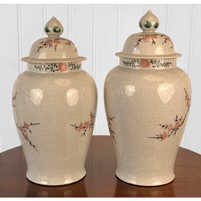1970s Vintage 16" Chinese Chinoiserie Porcelain Cherry Blossom & Bird Urn - A Pair For Sale - Image 5 of 11
