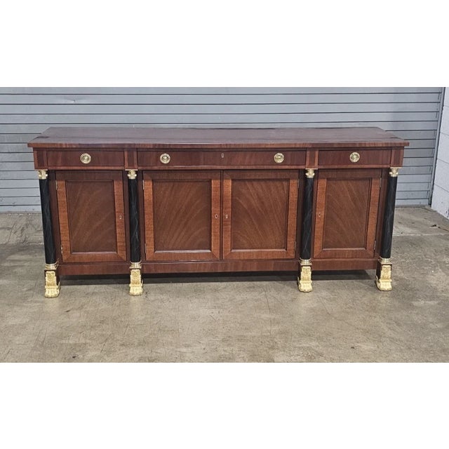 Store Item: KINDEL National Trust Empire Flame Mahogany Sideboard Gilt Paw Feet Faux Marble Description: Extremely High...